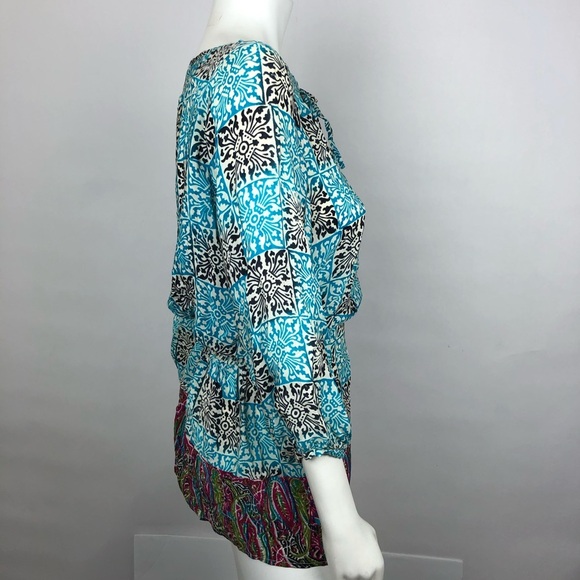 Tolani Boho Tunic Dress-Shirt Top-Silk Women's-Small-Turquoise Blue /Pink/Print - Picture 4 of 5